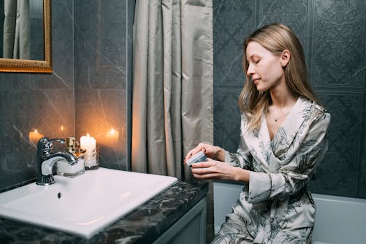 A woman in a bathroom preparing for a serene spa ritual with candles and skincare products.