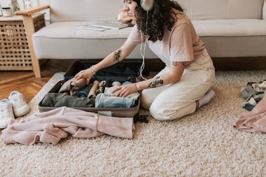 A woman with curly hair and tattoos packs her suitcase in a cozy living room, preparing for travel.