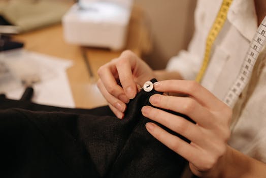Close-up of a tailor sewing a button with a needle and thread.