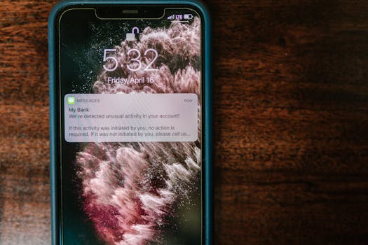 Close-up of a smartphone displaying a bank alert notification on a wooden table.