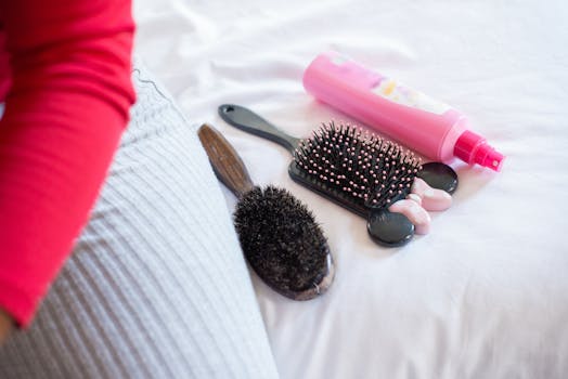 Close-up of hair styling tools including brushes and a pink spray bottle on white fabric.